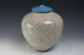 White Crackle Vessel with Blue Lid #3840 by Penny Berglund
