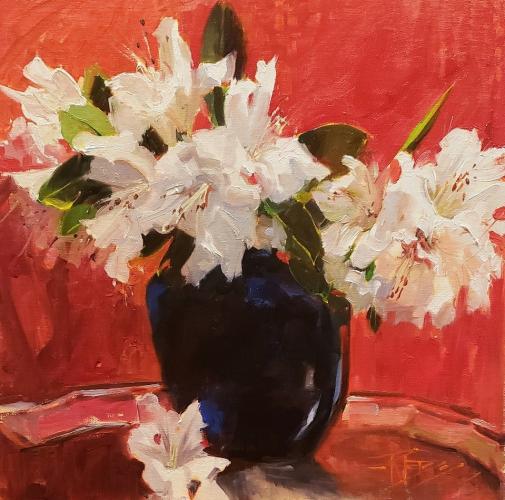 Rhodies on Red by Robin Weiss